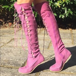 NWT and dust bag Gypsy Dharma purple knee high boots. Never worn or adjusted.